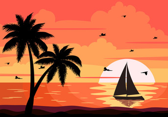 Sunset over the beach, sea with palm trees and sailboats.