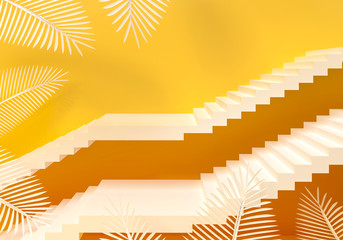 Pedestal, steps and shelf. Palm trees leaves topical juicy. 3d render illustration. Podium steps for brand promotion product. Creative yellow background for advertising presentation. Stand base mockup