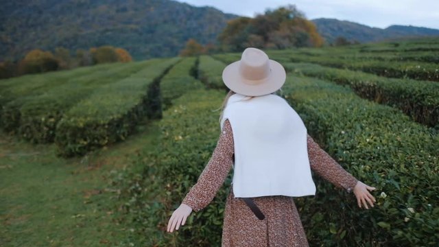 a girl in a brown dress walks through tea plantations