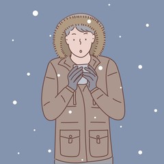 young man with coffee Winter Christmas time. Hand drawn style vector design illustrations.