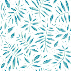 Seamless tropical grunge vector sketch pattern with leaves in blue colors. Abstract exotic stylized plant on a white background. Botanical design for wrapping paper, web textile print, page fill