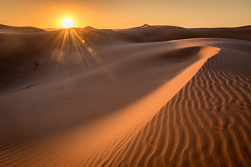 Sunrise over the Sahara Dunes, Merzouga, Morocco - obrazy, fototapety, plakaty