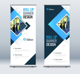 Blue Business Roll Up Banner. Abstract Roll up background for Presentation. Vertical roll up, x-stand, exhibition display, Retractable banner stand or design layout for conference, forum. Set - GB075.