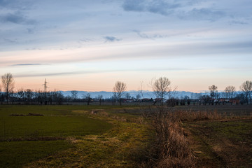 Fototapeta na wymiar Rural landscape with view of the alps in northern Italy