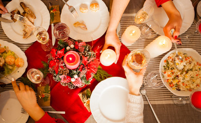 Top view of Christmas table with decilicous meals