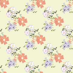 Seamless pattern with colorful hand drawn flowers. Original textile, wrapping paper, wall art surface design. Vector illustration. Floral simple minimalistic graphic