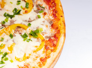 Close up Italian hot Pizza isolated on white background. Studio photo. Food concept.