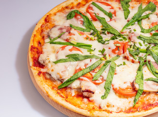 Close up Italian hot Pizza isolated on white background. Studio photo. Food concept.