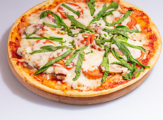 Close up Italian hot Pizza isolated on white background. Studio photo. Food concept.
