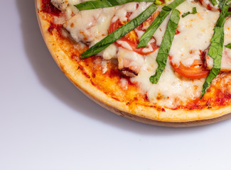 Close up Italian hot Pizza isolated on white background. Studio photo. Food concept.