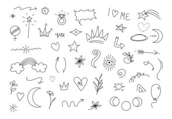 Naklejka premium Hand drawn abstract doodle set. Vector line black stars, hearts, crowns and flowers, modern outline illustration on isolated background