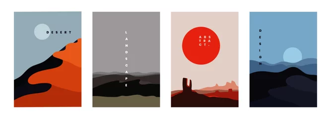 Selbstklebende Fototapeten Landscape background, vector illustration. Geometric template with sunrise and sunset in desert in oriental style. Minimalistic abstract poster design © Екатерина Заносиенко