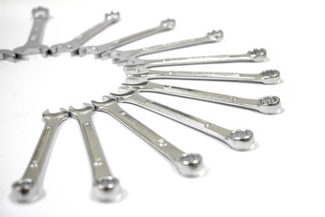 Side Ring Wrench Set on white background, Combinations wrenches, Car service.