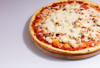 Close up Italian hot Pizza isolated on white background. Studio photo. Food concept.