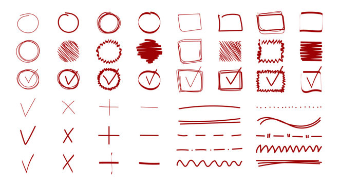 Red Doodle Check Marks And Underlines. Vector Marker Check Hand Drawn Signs And Checkbox. Handwritten Strokes And Pen Markings V Marks For List Items