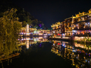 Scenery view in the night of fenghuang old town .phoenix ancient town or Fenghuang County is a county of Hunan Province, China