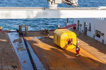 Fototapeta premium NORTH SEA NORWAY - 2015 MAY 17. Surface buoy secured on deck onboard offshore anchor handler vessel.