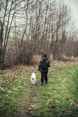 Girl and her dog walking in a rural scene