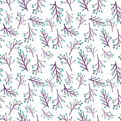 Watercolor seamless pattern with twigs with turquoise buds on a white background.Simple watercolor print with cute twigs in cool colors.