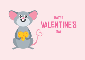 Happy Valentine's Day greeting card with adorable mouse. Cute gray mouse with cheese. Adorable rat cartoon character. Cheerful mouse cartoon character