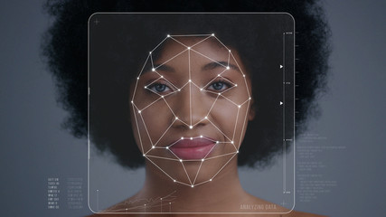 Face Detection. Face ID. Facial Recognition System Concept. Technological 3D Scanning of Face of...