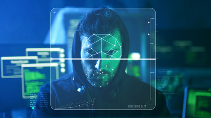 Future Technology. Face ID. Biometric Male Portrait Scanning. 3D Scanned Face of Professional Computer Hacker Stealing Data in Dark Office. Technological Identification with High Tech Animation Lines