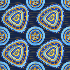 Watercolor seamless pattern with geometric shapes and gold elements on the dark background. Bright ethnic modern style with African motifs. Ideal for textile, fabric, wrapping and other design.