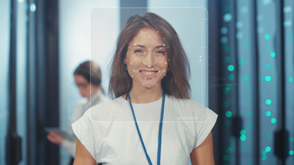 Facial Recognition. Face ID. Biometric Face Detection. 3D Technological Scanning of Face of Happy...