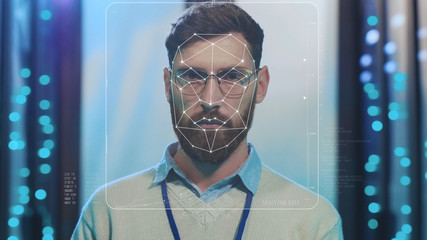 Future Face Detection. Face ID. High Tech Biometric Facial Recognition. Technological 3D Face Scanning of Caucasian Bearded Administrator Working at Data Center Cyber Security. Augmented Reality.