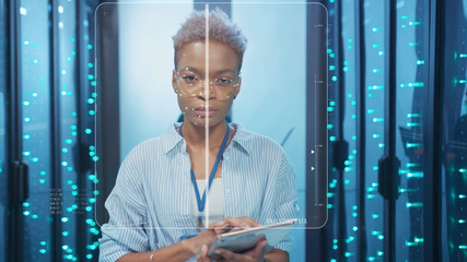 Face ID. Face Detection. Technological 3D Identification Scanning of African Young Female Server Specialist at Secure Data Center. Biometric Facial Recognition with Animation. Concept of Future and