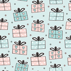 Hand drawn seamless pattern of cute blue and pink presents with stars and hearts. Сolorful doodle vector illustration for Birthday, baby room, greeting card, invitation, wallpaper, wrapping paper.