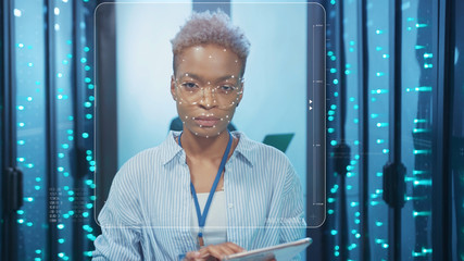 Face ID. Face Detection. Technological 3D Identification Scanning of African Smart Female Server Specialist at Secure Data Center. Biometric Facial Recognition with Animation. Concept of Future and