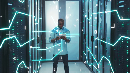 Digitalization of Information. African IT Engineer Controlling Server Cabinet with Tablet. 3D Looped Animation of Data Flow with Glowing Board Lines, Graphic Elements and Numbers Flying at Server