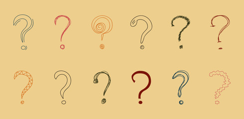 Set of hand drawn question marks. Doodle question marks with colorful contour lines on light background