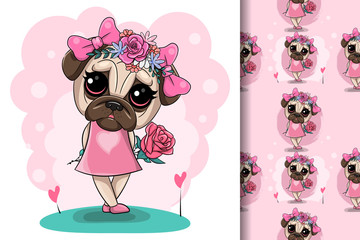 Greeting card puppy girl with flowers on a pink background. Can be used for kids/babies shirt design, fashion print design,t-shirt, kids wear,textile design,celebration card/ greeting card, vector
