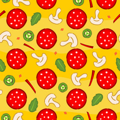 Seamless pizza pattern. Bright and juicy yellow background with pizza ingredients: salami, mint, jalapenos, mushrooms, and slices of sweet pepper. Ornament for design on the theme of food and pizza.