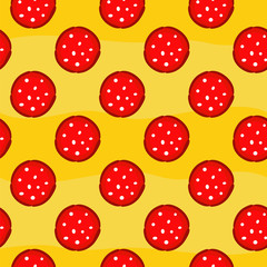 Fototapeta na wymiar Seamless pizza pattern. Bright and juicy yellow background with pizza ingredients: salami and pepperoni. Ornament for design on the theme of food and pizza.