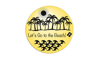 Beach Icon, round with Palm Trees, Waves, Sun