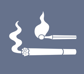 Cigarette with smoke and burning match icons