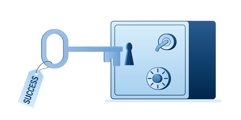 Metal safe with key hole and big key with success label. Successful business concept background.