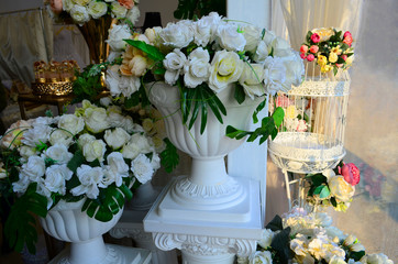 Wedding decor beige bonbonniere in a white basket