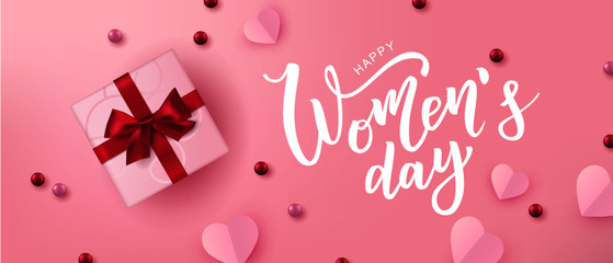 Fototapeta na wymiar Happy Woman’s Day hand lettering text. Vector illustration. 8 March greeting calligraphy design. Template for a poster, cards, banner.