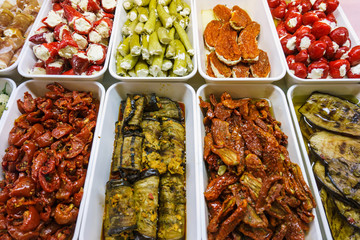 Market with cooked food. Fresh cooked food in the market.