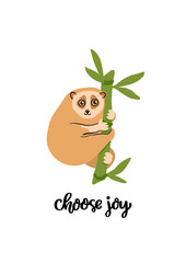 Cute lemur lory on a bamboo branch. Hand-drawn phrase: Choose joy, of black ink on a white background. It can be used for card, mug, brochures, poster, t-shirts etc.