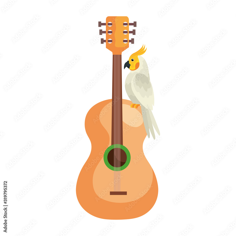 Sticker guitar with parrot bird isolated icon