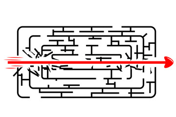Illustration Vector, Illegal way to solve the problem, Black Rectangle Rounded Corner Maze, Red Line from in to out with arrow