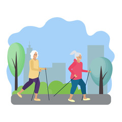 Vector illustration with two elderly women in a park outside the city engaged in sports Scandinavian at least with sticks. Active lifestyle, senior citizens go in for sports