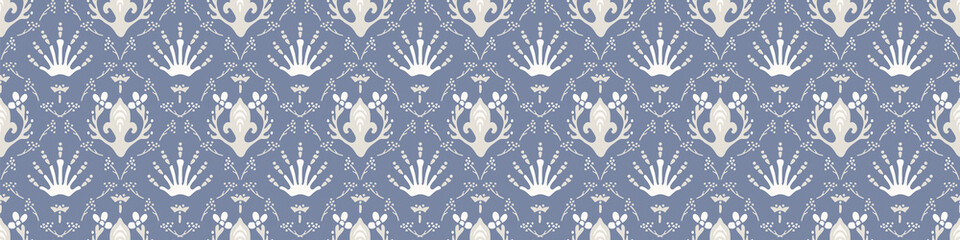 French blue damask shabby chic floral linen vector texture border background. Pretty flourish flower banner seamless pattern. Hand drawn floral interior home decor ribbon. Classic rustic farmhouse .