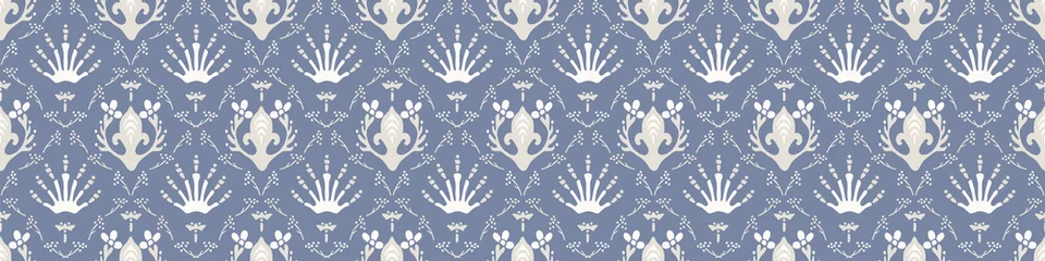 Wallpaper murals Farmhouse style French blue damask shabby chic floral linen vector texture border background. Pretty flourish flower banner seamless pattern. Hand drawn floral interior home decor ribbon. Classic rustic farmhouse .