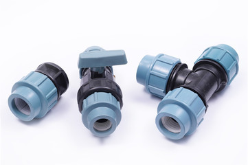 Irrigation system. Ball valve, tee and plug for drip irrigation